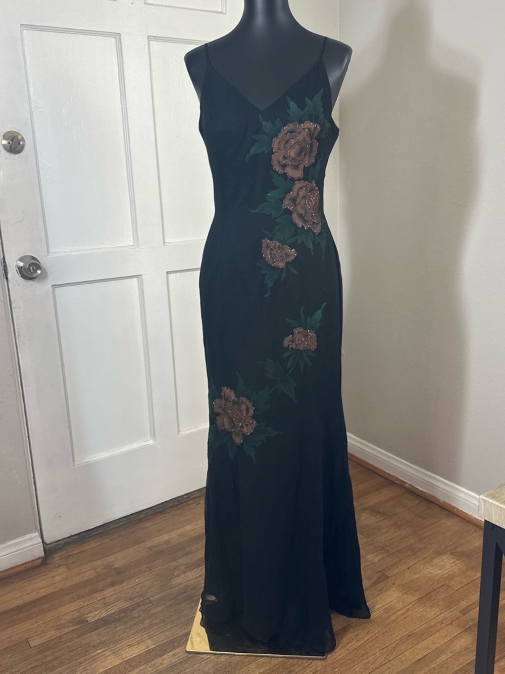 Black Maxi Slip Dress with Rose Sequin Appliqués